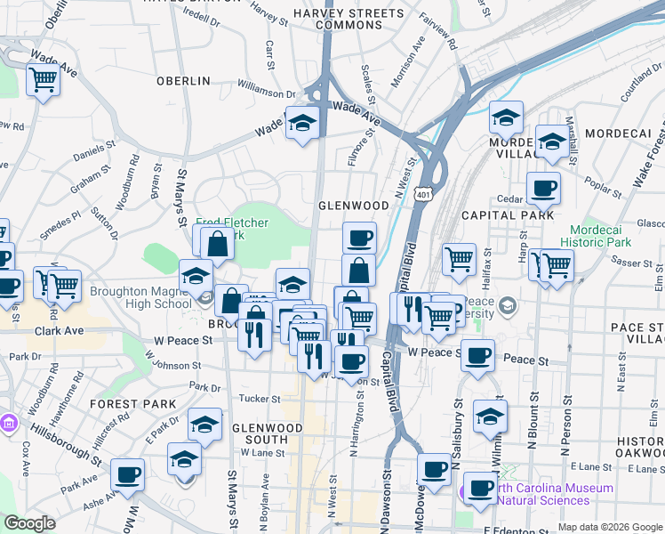map of restaurants, bars, coffee shops, grocery stores, and more near in Raleigh