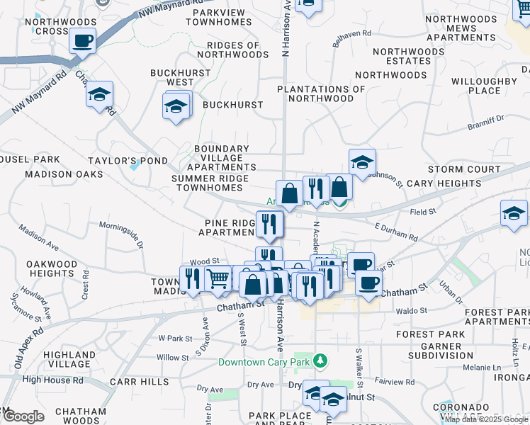 map of restaurants, bars, coffee shops, grocery stores, and more near 214 Adams Street in Cary