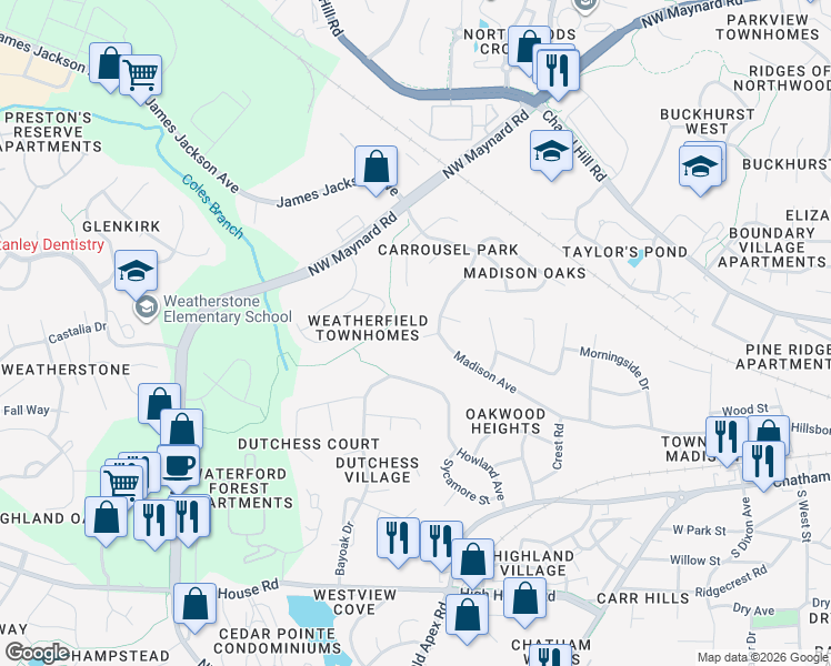 map of restaurants, bars, coffee shops, grocery stores, and more near 821 Gayle Circle in Cary