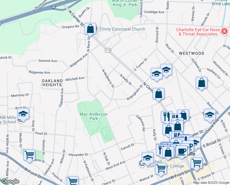 map of restaurants, bars, coffee shops, grocery stores, and more near 536 North Mulberry Street in Statesville