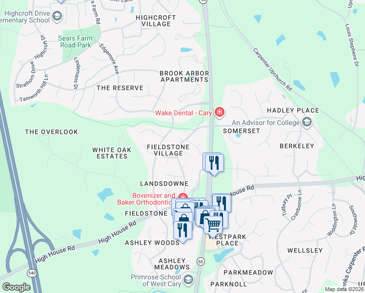 map of restaurants, bars, coffee shops, grocery stores, and more near 101 Elmview Drive in Cary