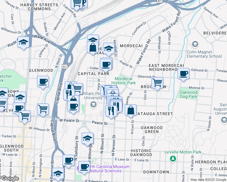 map of restaurants, bars, coffee shops, grocery stores, and more near 903 Mordecai Drive in Raleigh