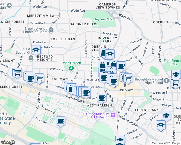 map of restaurants, bars, coffee shops, grocery stores, and more near 2401 Everett Avenue in Raleigh