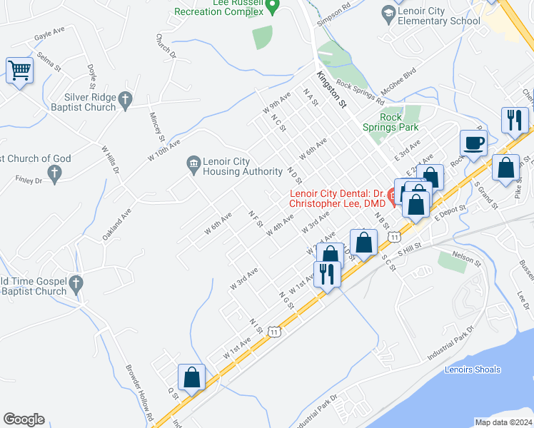 map of restaurants, bars, coffee shops, grocery stores, and more near 508 West 5th Avenue in Lenoir City