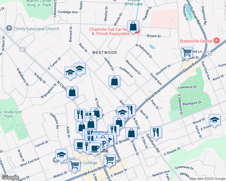 map of restaurants, bars, coffee shops, grocery stores, and more near 350 Brevard Street in Statesville