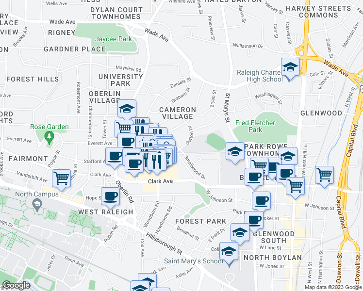map of restaurants, bars, coffee shops, grocery stores, and more near 1615 Sutton Drive in Raleigh