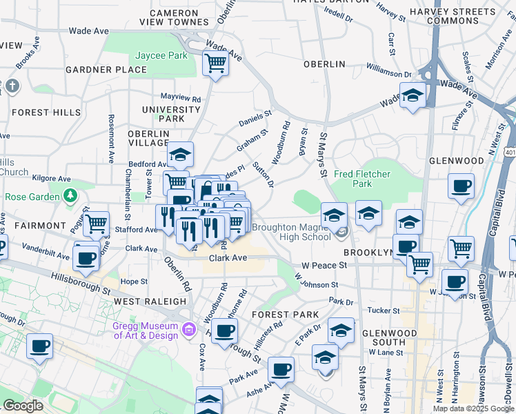 map of restaurants, bars, coffee shops, grocery stores, and more near 1615 Sutton Drive in Raleigh