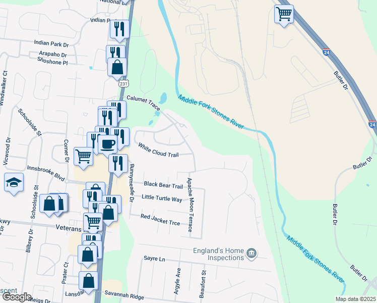 map of restaurants, bars, coffee shops, grocery stores, and more near 239 White Cloud Trail in Murfreesboro