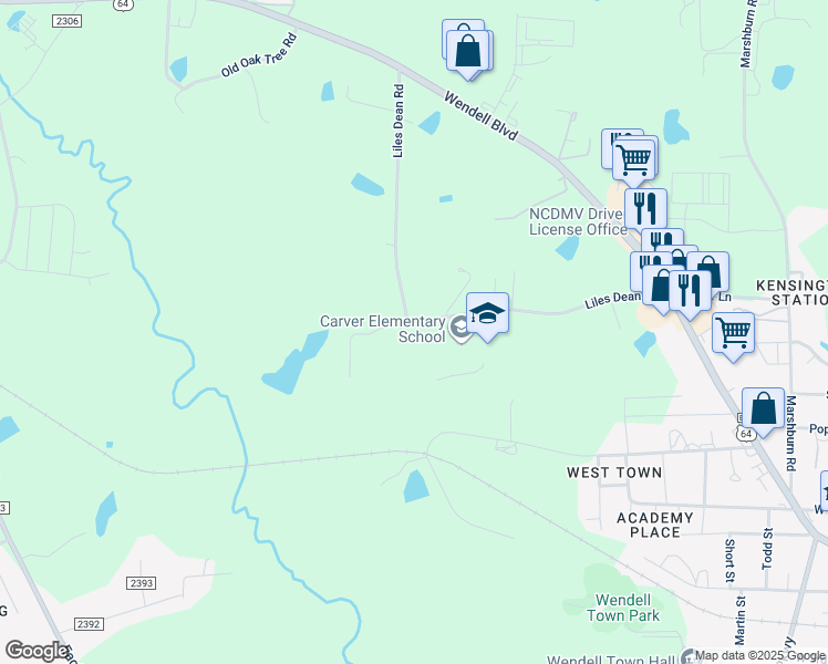 map of restaurants, bars, coffee shops, grocery stores, and more near 299 Liles Dean Road in Wendell
