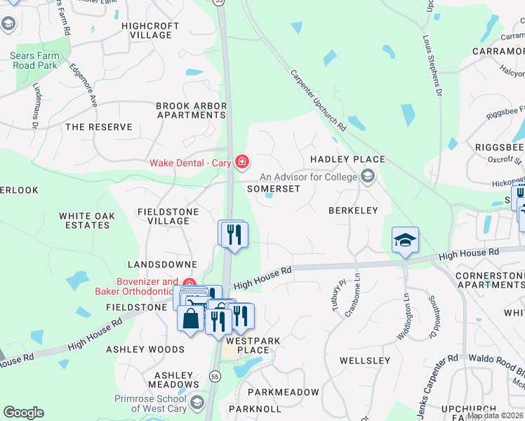 map of restaurants, bars, coffee shops, grocery stores, and more near 112 Horne Creek Court in Cary