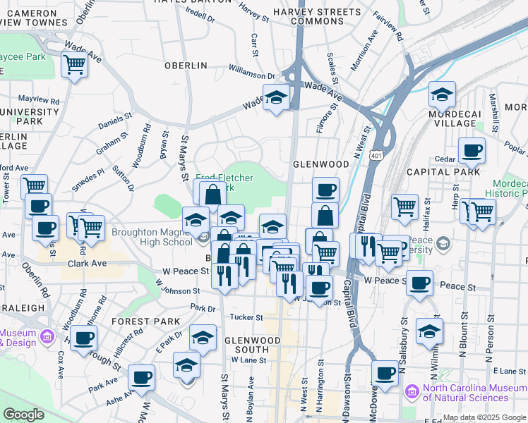 map of restaurants, bars, coffee shops, grocery stores, and more near 622 Wills Forest Street in Raleigh