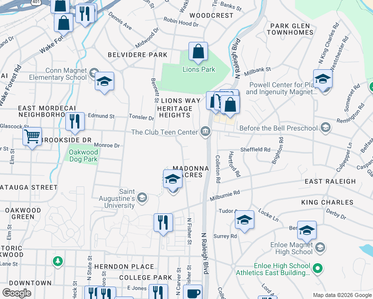 map of restaurants, bars, coffee shops, grocery stores, and more near 810 Delany Drive in Raleigh