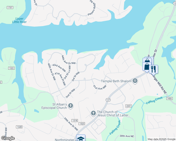 map of restaurants, bars, coffee shops, grocery stores, and more near 4340 3rd Street Northwest in Hickory