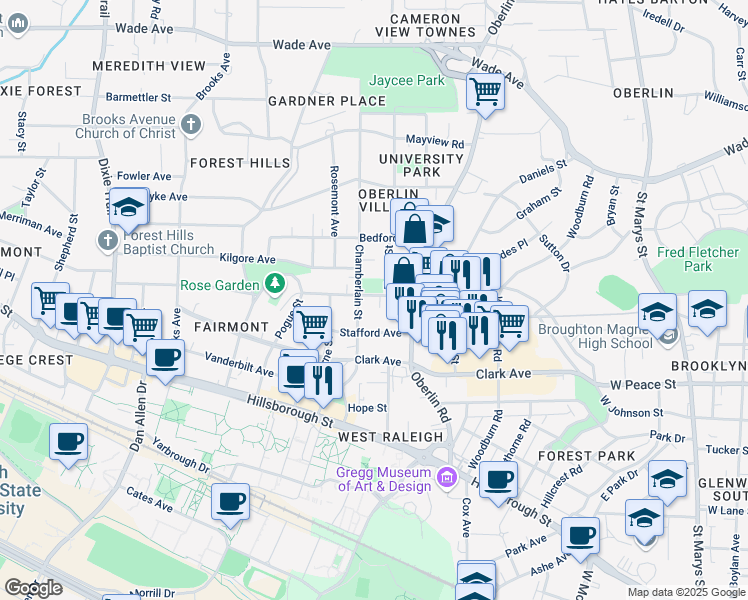 map of restaurants, bars, coffee shops, grocery stores, and more near 2305 Everett Avenue in Raleigh