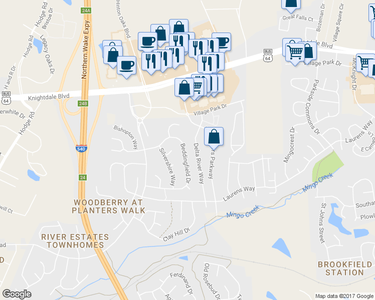 map of restaurants, bars, coffee shops, grocery stores, and more near 820 Beddingfield Drive in Knightdale