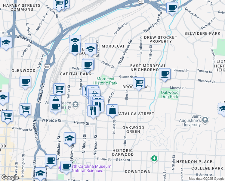 map of restaurants, bars, coffee shops, grocery stores, and more near 824 North Bloodworth Street in Raleigh