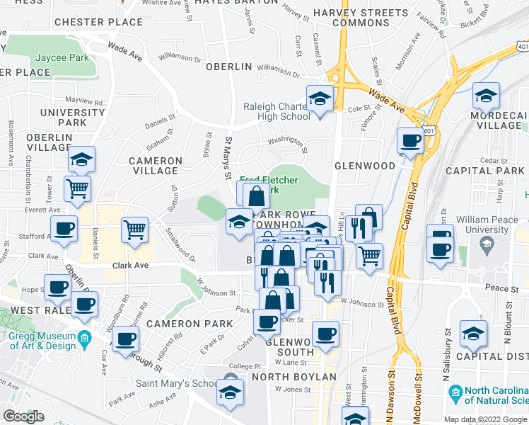 map of restaurants, bars, coffee shops, grocery stores, and more near 815 Clay Street in Raleigh