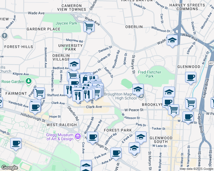 map of restaurants, bars, coffee shops, grocery stores, and more near in Raleigh