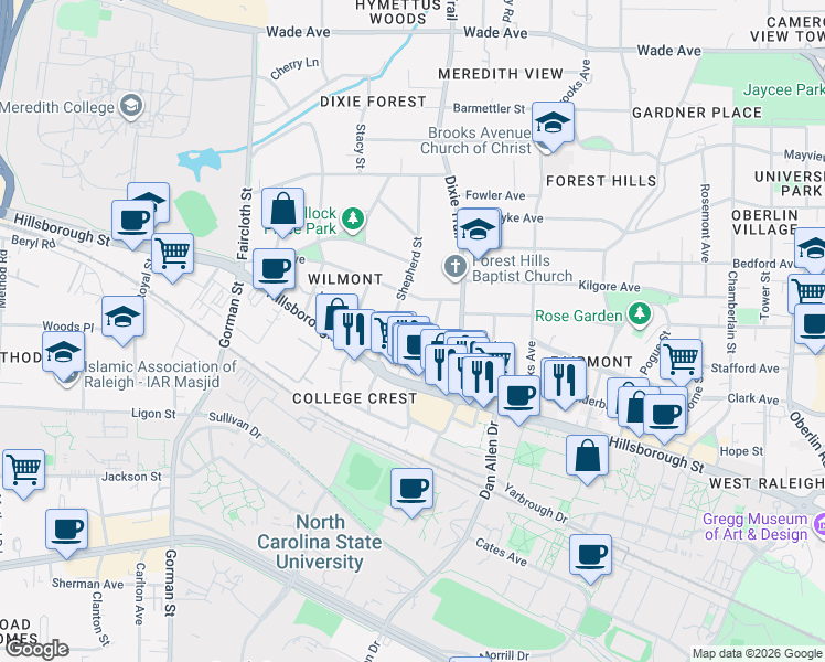 map of restaurants, bars, coffee shops, grocery stores, and more near 24 Shepherd Street in Raleigh