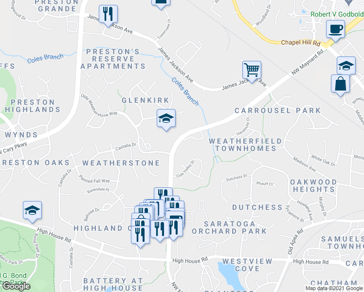 map of restaurants, bars, coffee shops, grocery stores, and more near 200 Weather Ridge Lane in Cary