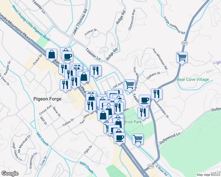 map of restaurants, bars, coffee shops, grocery stores, and more near 3220 Riverwalk Greenway in Pigeon Forge