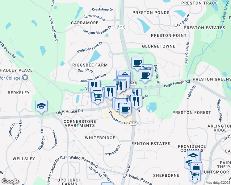 map of restaurants, bars, coffee shops, grocery stores, and more near 1043 Valleystone Drive in Cary