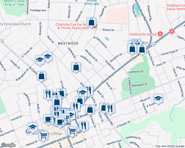 map of restaurants, bars, coffee shops, grocery stores, and more near 525 Stockton Street in Statesville