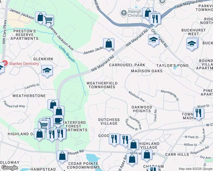 map of restaurants, bars, coffee shops, grocery stores, and more near 1033 Contessa Drive in Cary