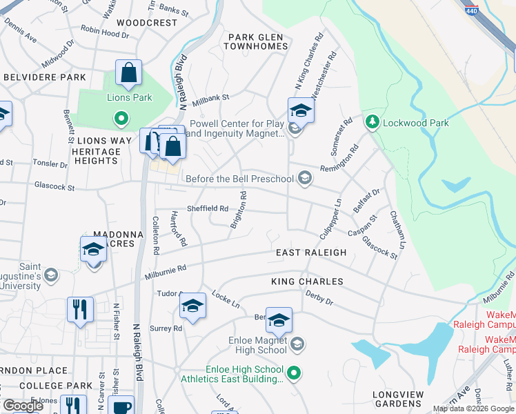 map of restaurants, bars, coffee shops, grocery stores, and more near 2309 Sheffield Road in Raleigh