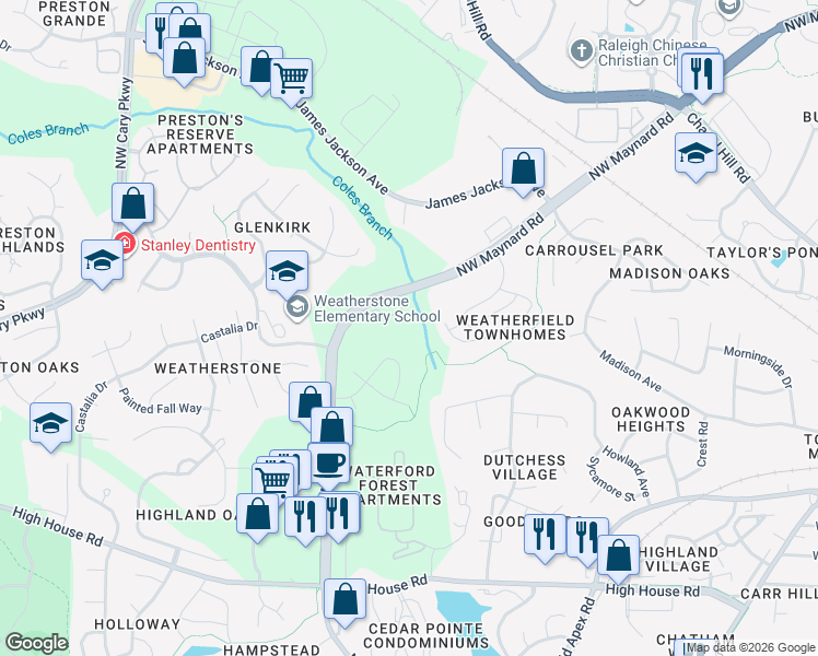 map of restaurants, bars, coffee shops, grocery stores, and more near 522 Weather Ridge Lane in Cary