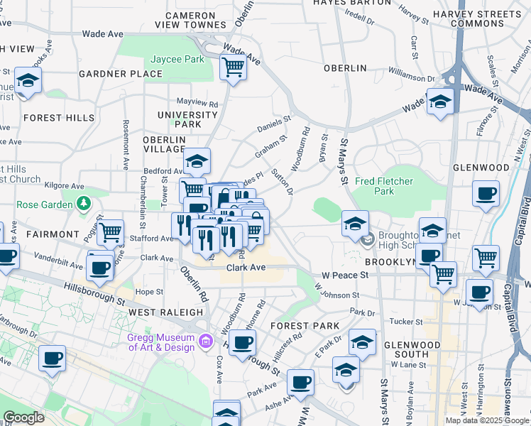 map of restaurants, bars, coffee shops, grocery stores, and more near Smallwood Drive in Raleigh