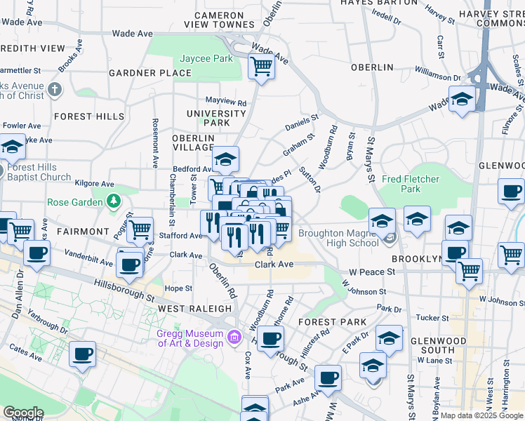 map of restaurants, bars, coffee shops, grocery stores, and more near 2014 Cameron Street in Raleigh