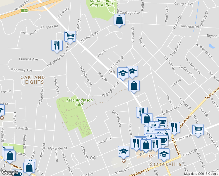 map of restaurants, bars, coffee shops, grocery stores, and more near 208 West Bingham Street in Statesville