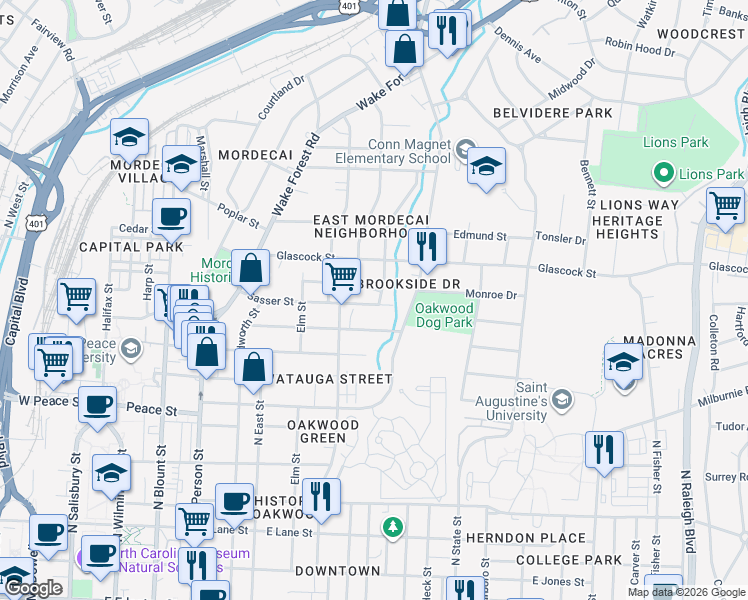 map of restaurants, bars, coffee shops, grocery stores, and more near 725 Sasser Street in Raleigh