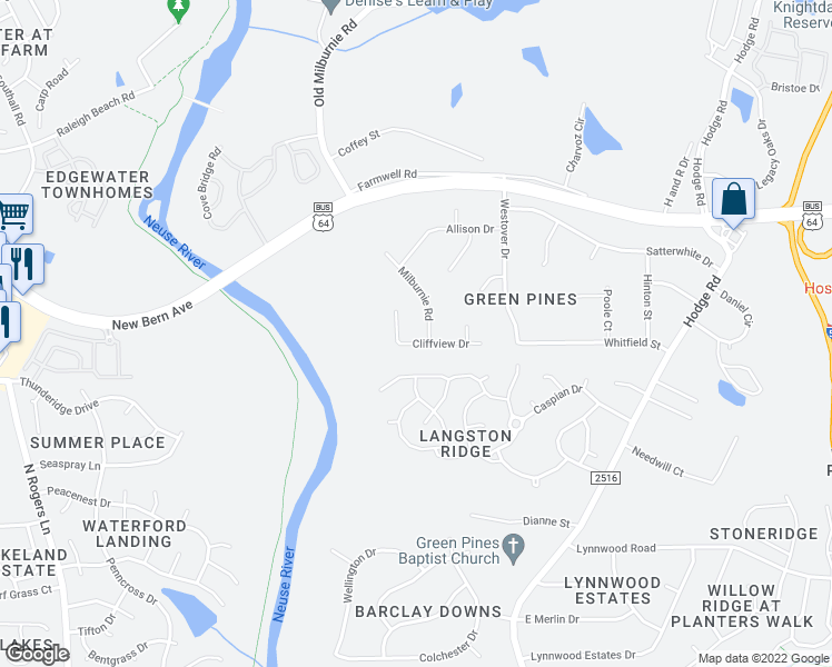 map of restaurants, bars, coffee shops, grocery stores, and more near 300 Cliffview Drive in Knightdale