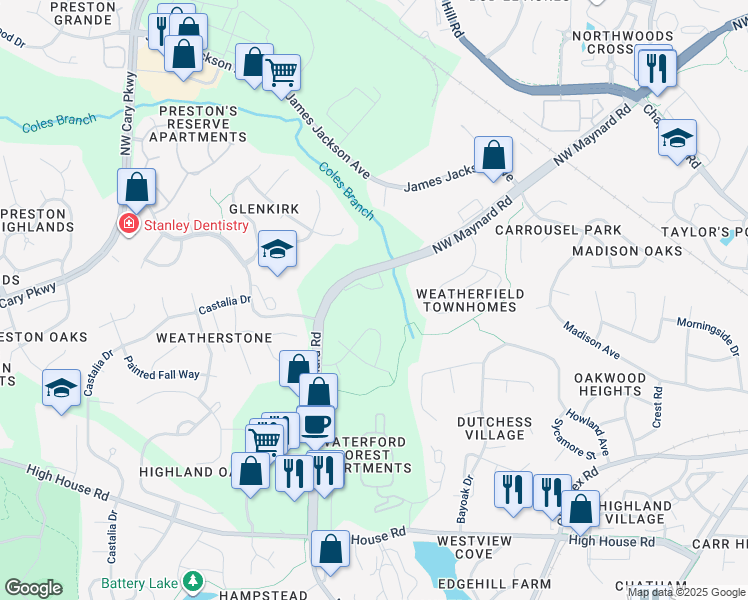 map of restaurants, bars, coffee shops, grocery stores, and more near 412 Weather Ridge Lane in Cary