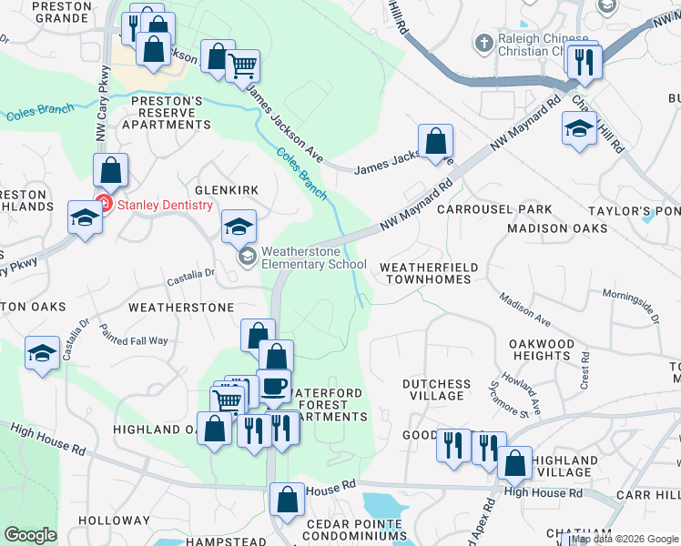 map of restaurants, bars, coffee shops, grocery stores, and more near 522 Weather Ridge Lane in Cary