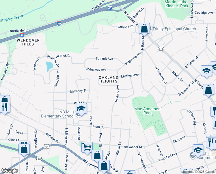 map of restaurants, bars, coffee shops, grocery stores, and more near 1229 Elizabeth Avenue in Statesville