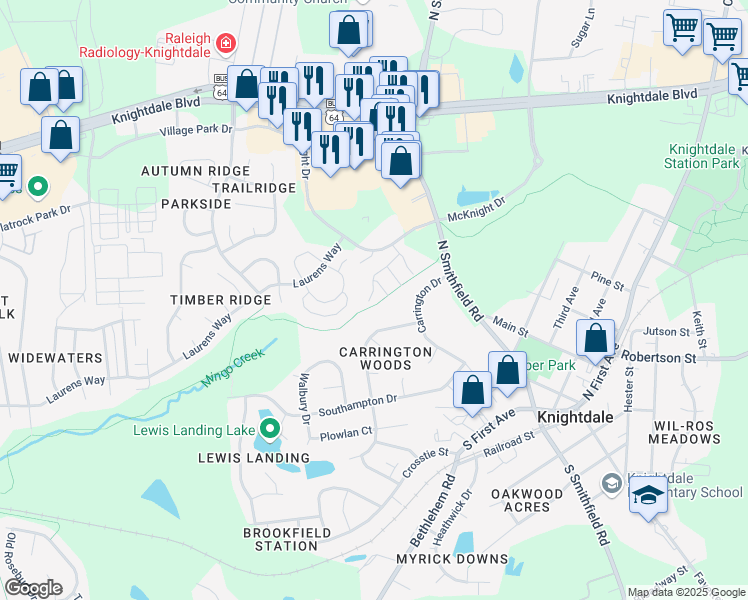 map of restaurants, bars, coffee shops, grocery stores, and more near 607 Luxury Lane in Knightdale