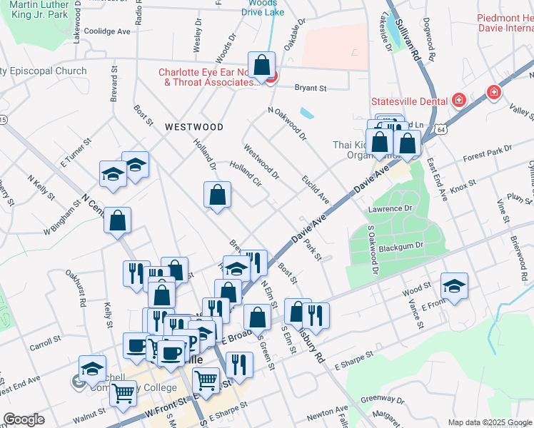 map of restaurants, bars, coffee shops, grocery stores, and more near 525 Stockton Street in Statesville