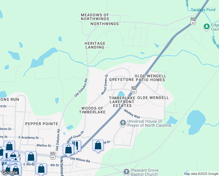 map of restaurants, bars, coffee shops, grocery stores, and more near 403 Cedarmere Drive in Wendell