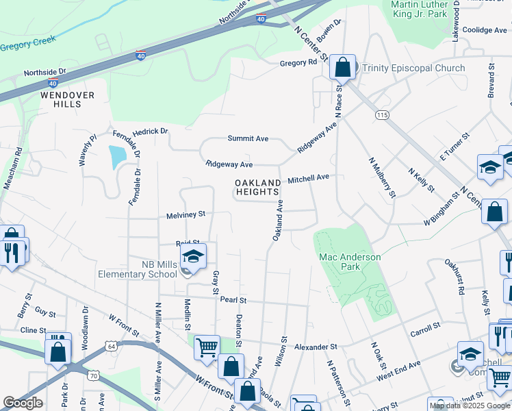 map of restaurants, bars, coffee shops, grocery stores, and more near 1229 Elizabeth Avenue in Statesville