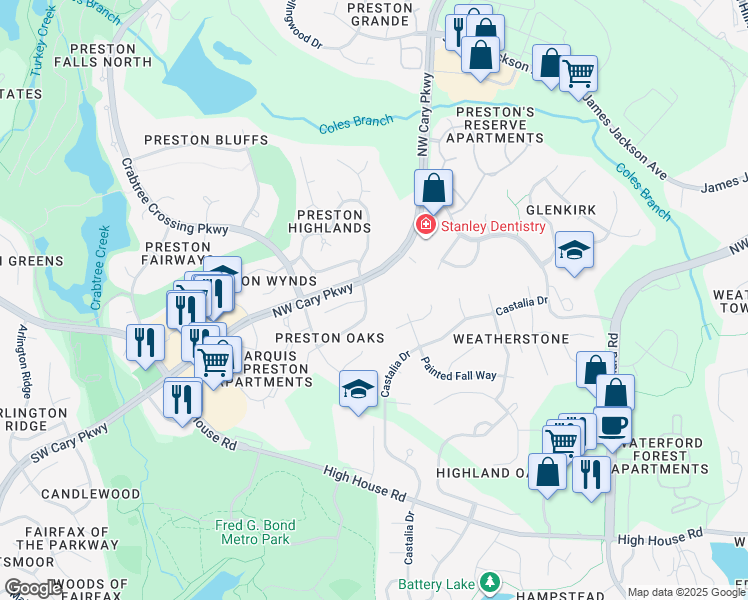 map of restaurants, bars, coffee shops, grocery stores, and more near 201 Roebling Lane in Cary