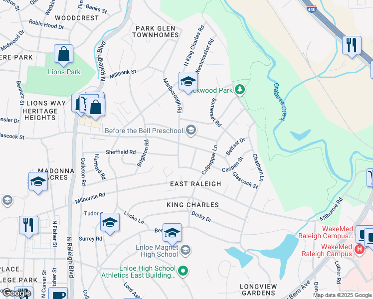 map of restaurants, bars, coffee shops, grocery stores, and more near 2408 Glascock Street in Raleigh