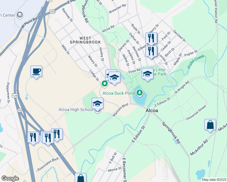 map of restaurants, bars, coffee shops, grocery stores, and more near 1325 Faraday Street in Alcoa