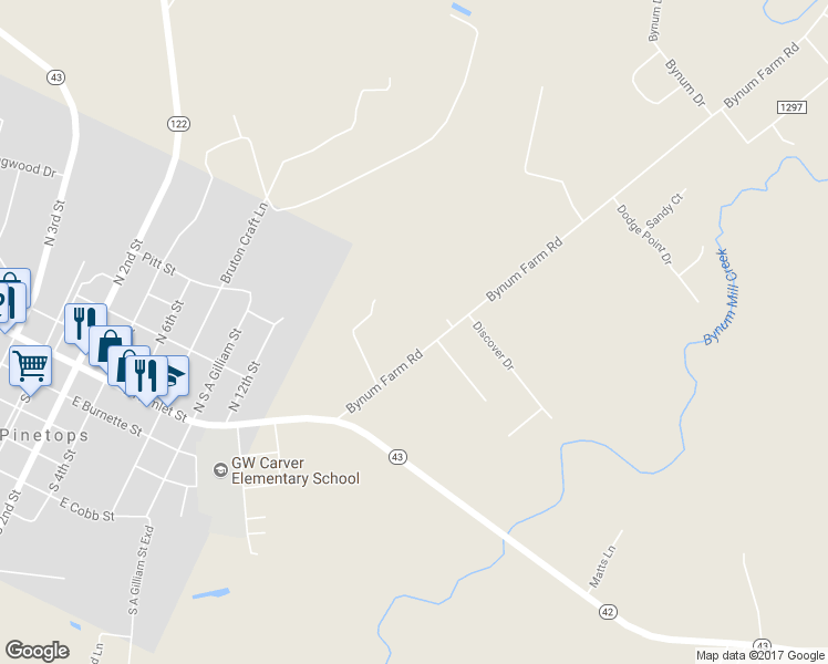 map of restaurants, bars, coffee shops, grocery stores, and more near 3002 Bynum Farm Road in Pinetops