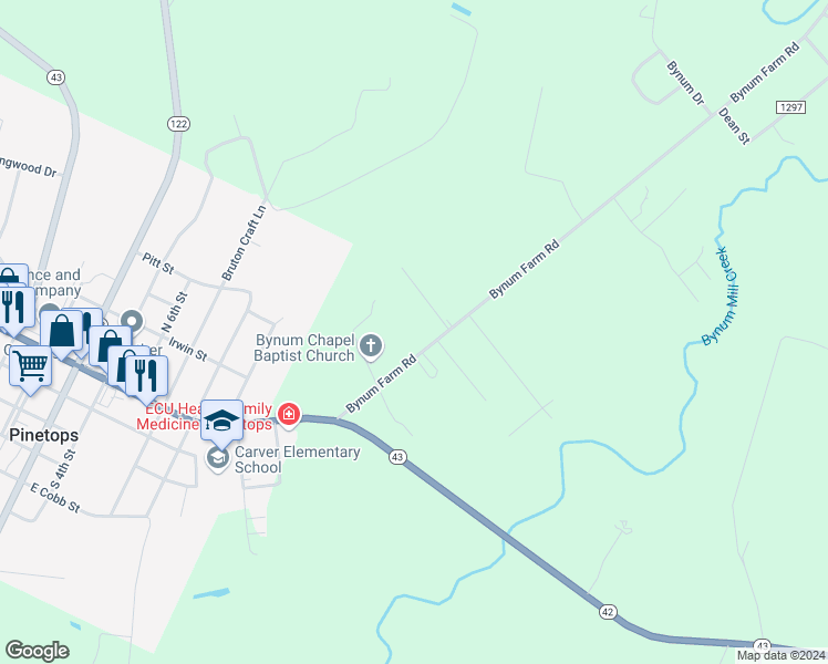 map of restaurants, bars, coffee shops, grocery stores, and more near 3002 Bynum Farm Road in Pinetops