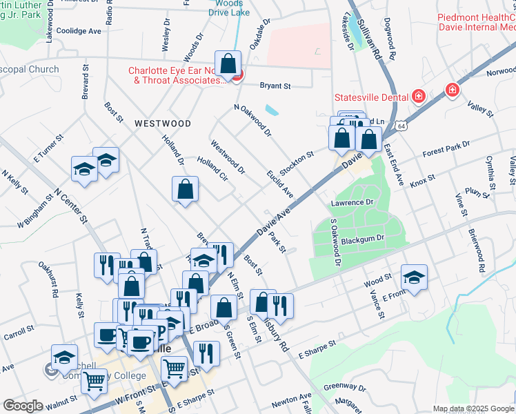 map of restaurants, bars, coffee shops, grocery stores, and more near 216 Park Street in Statesville