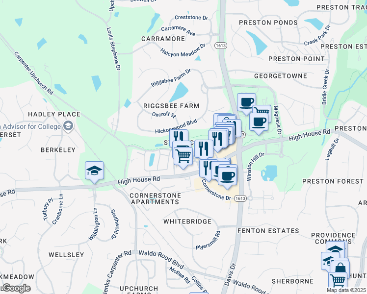 map of restaurants, bars, coffee shops, grocery stores, and more near 81 Cornerstone Drive in Cary