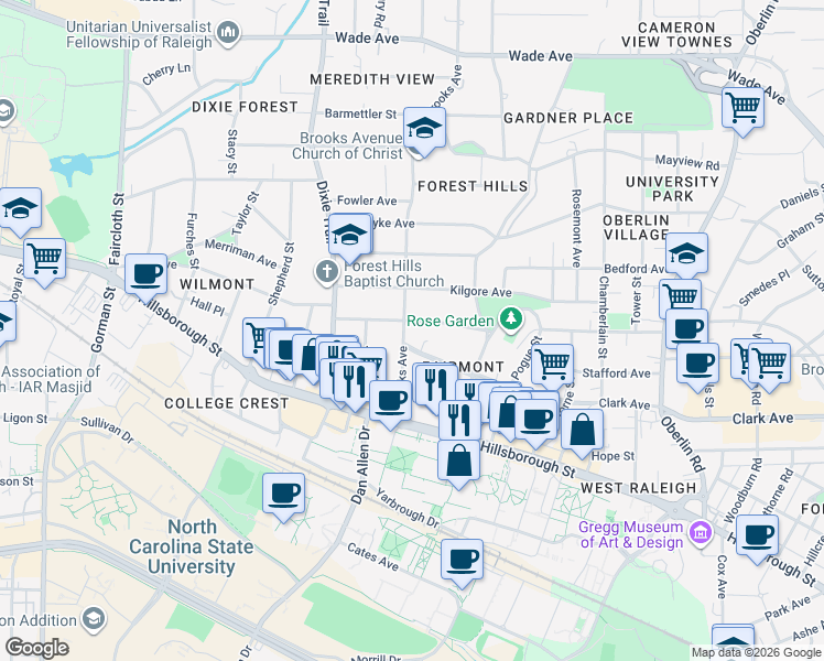 map of restaurants, bars, coffee shops, grocery stores, and more near 2720 Clark Avenue in Raleigh